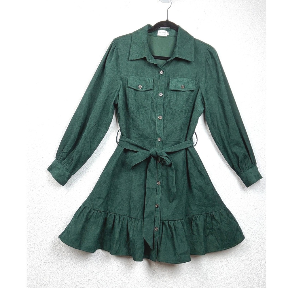 Shop The Mint Green Corduroy Button Down Dress - L -Tie Waist Ruffle